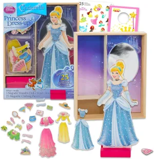 Disney Cinderella Magnetic Wooden Doll Set - Cinderella Activity Bundle Princess Dress Up Doll with 25 Clothing Accessories, Stickers, Door Hanger | Princess Toys for Girls