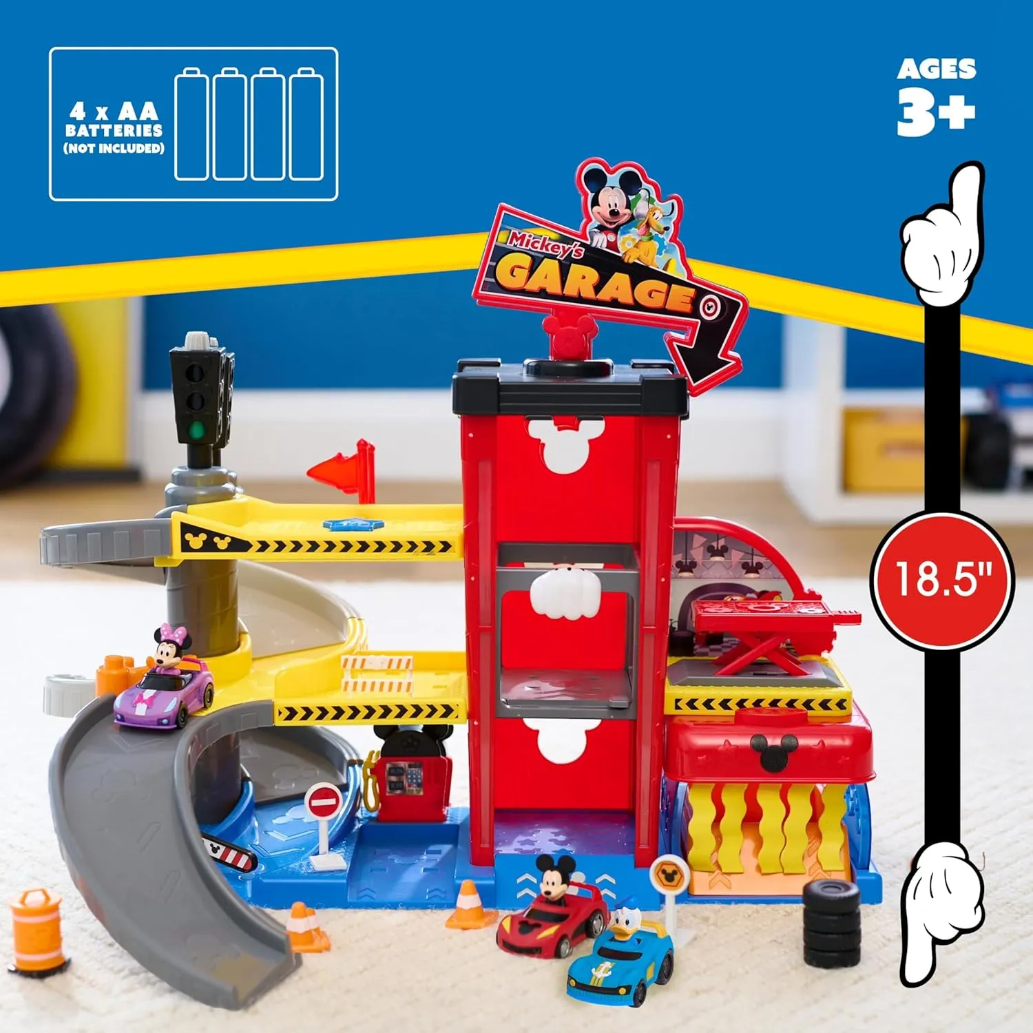 Disney Junior Mickey Mouse Ready to Race Toy Car Garage, Lights and Sounds, 20-piece Vehicle Playset, Includes Bonus Character, Amazon Exclusive, Kids Toys for Ages 3 Up by Just Play