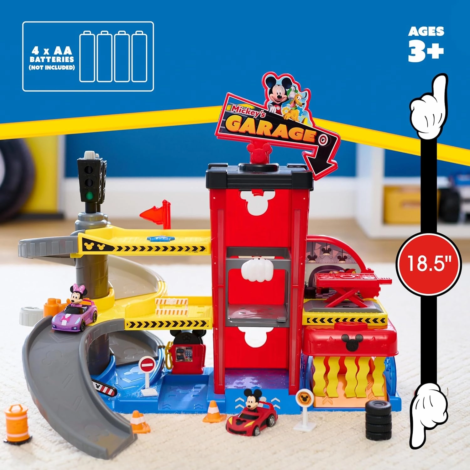 Disney Junior Mickey Mouse Ready to Race Toy Car Garage, Lights and Sounds, 19-Piece Vehicle Playset, Officially Licensed, Kids Toys for Ages 3 Up by Just Play