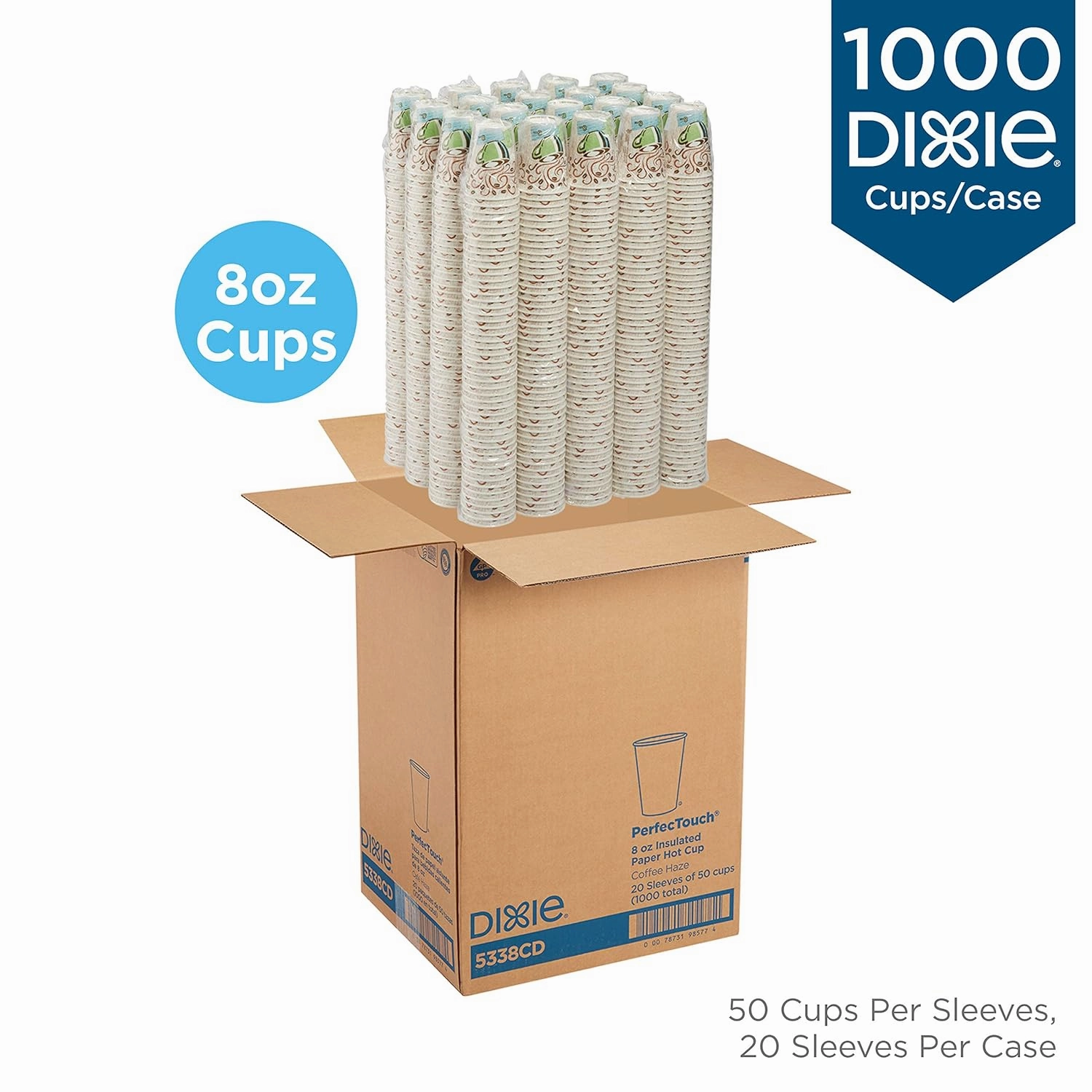 Dixie PerfecTouch 8 oz Paper Coffee Cups By GP PRO, Coffee Haze Design, 1000 Count (50 Disposable Cups Per Sleeve, 20 Sleeves Per Case), 5338CD