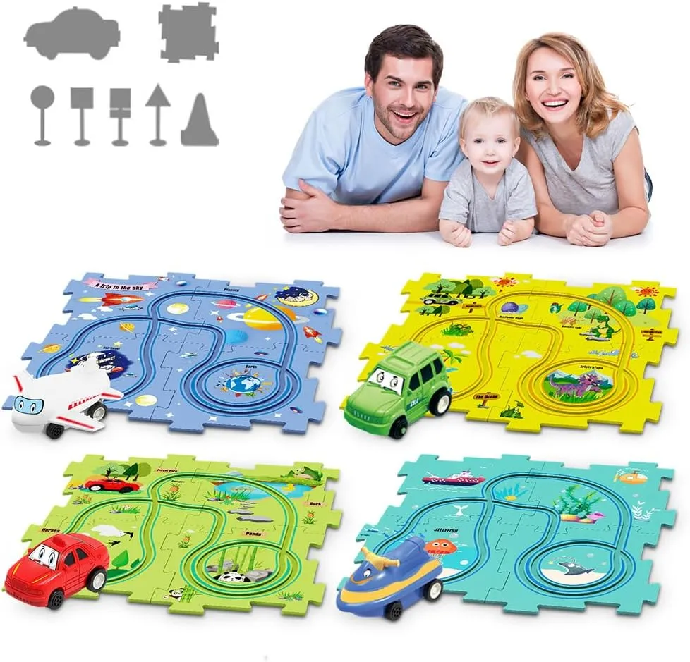 DIY Assembling Electric Trolley, Children's Educational Track Car Set, Toddler Puzzle Track Play Set with Vehicles, Rail Car Building Toys Puzzle DIY Electric Train Track for Kids (5PCS, 4 Sets)