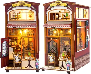 DIY Book Nook Kit - 3D Wooden Puzzle Dollhouse with LED - Miniature Bookshelf Decor for Teens & Adults - Bookend Creative DIY Miniature House Kit Unique Present Idea (Coffee House)
