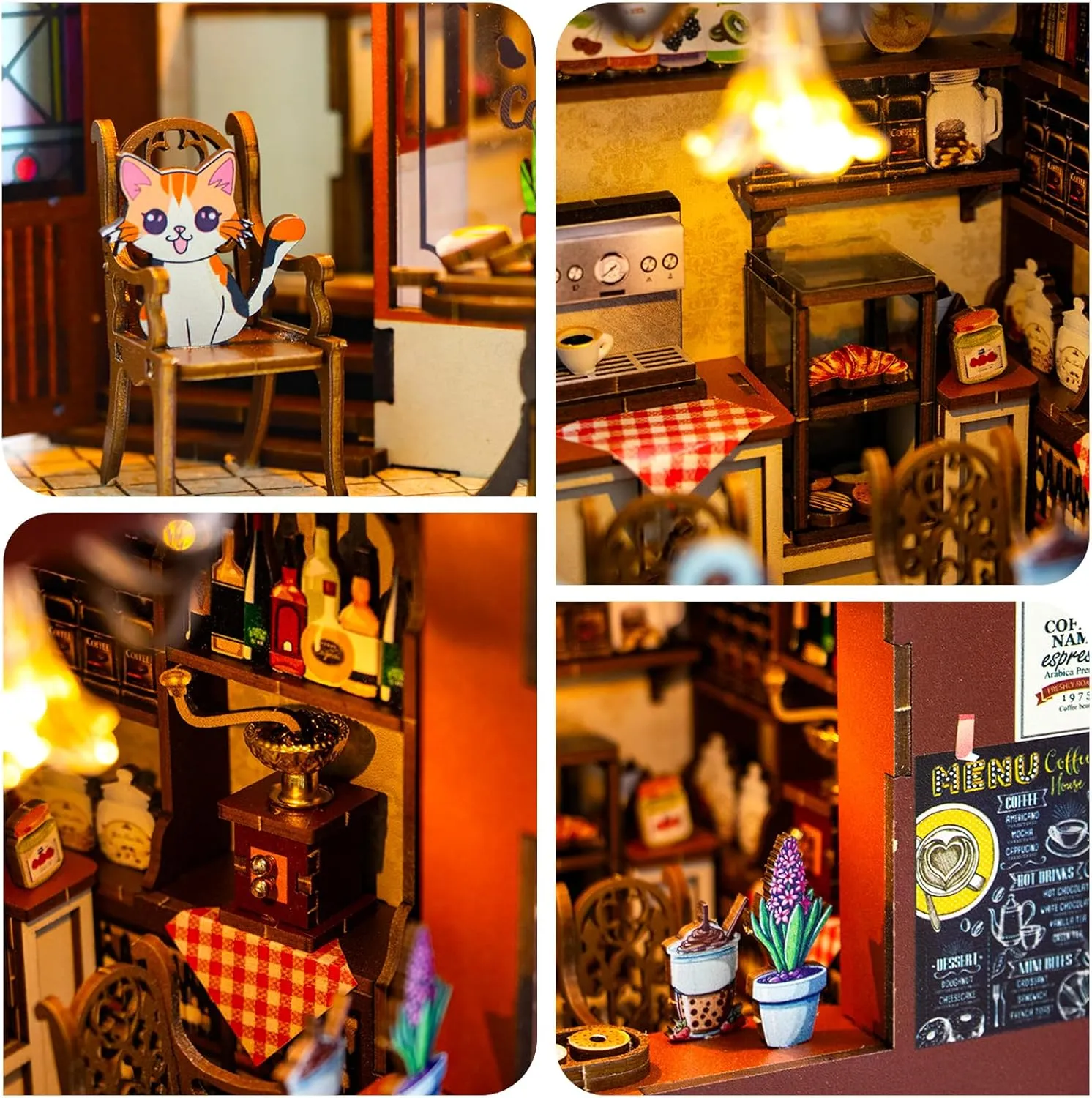 DIY Book Nook Kit - 3D Wooden Puzzle Dollhouse with LED - Miniature Bookshelf Decor for Teens & Adults - Bookend Creative DIY Miniature House Kit Unique Present Idea (Coffee House)