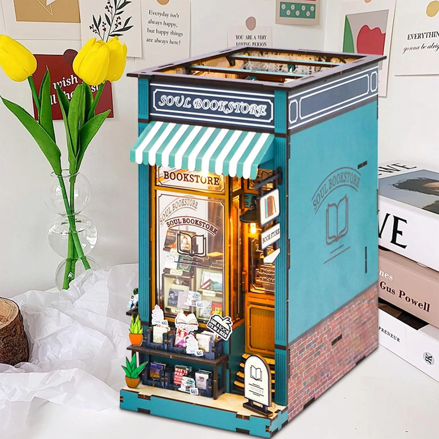 DIY Book Nook Kit - 3D Wooden Puzzle Dollhouse with LED - Miniature Bookshelf Decor for Teens & Adults - Bookend Creative DIY Miniature House Kit Unique Present Idea (Soul Bookstore)