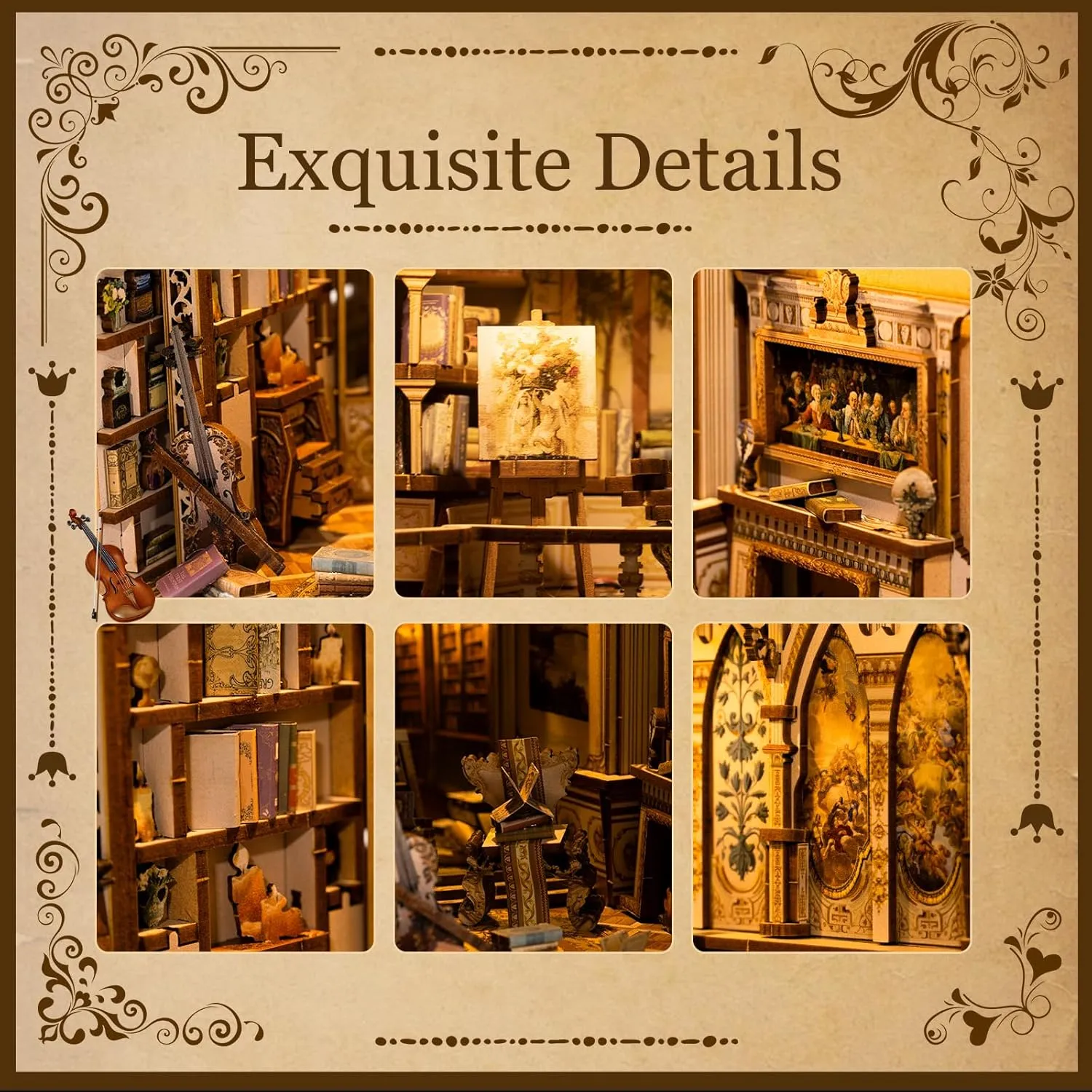DIY Book Nook Kit - Bookend Diorama with LED - 3D Wooden Puzzle DIY Miniature House Kits - Bookshelf Insert Decor - Booknook Dollhouse Crafts Hobbies Gifts for Adults (Classical Library)