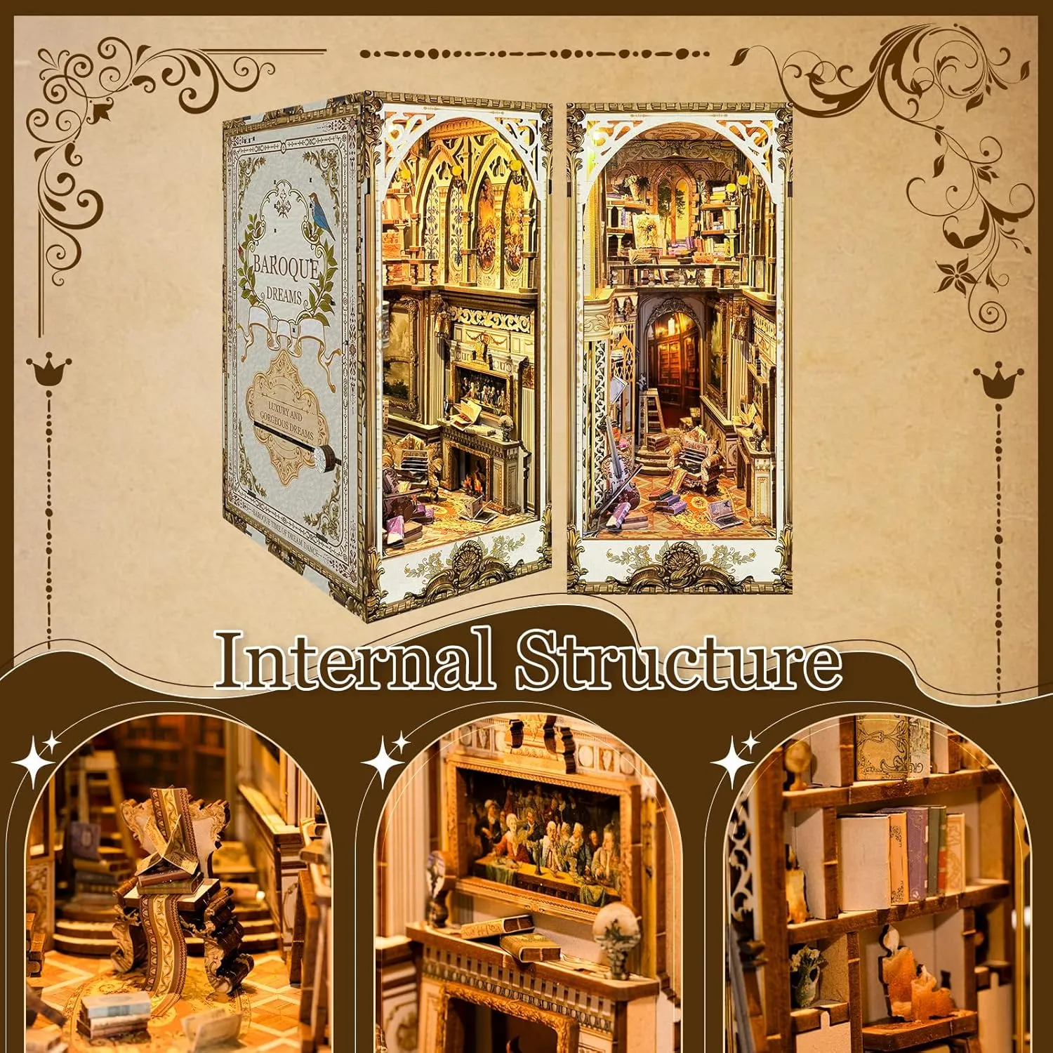 DIY Book Nook Kit - Bookend Diorama with LED - 3D Wooden Puzzle DIY Miniature House Kits - Bookshelf Insert Decor - Booknook Dollhouse Crafts Hobbies Gifts for Adults (Classical Library)