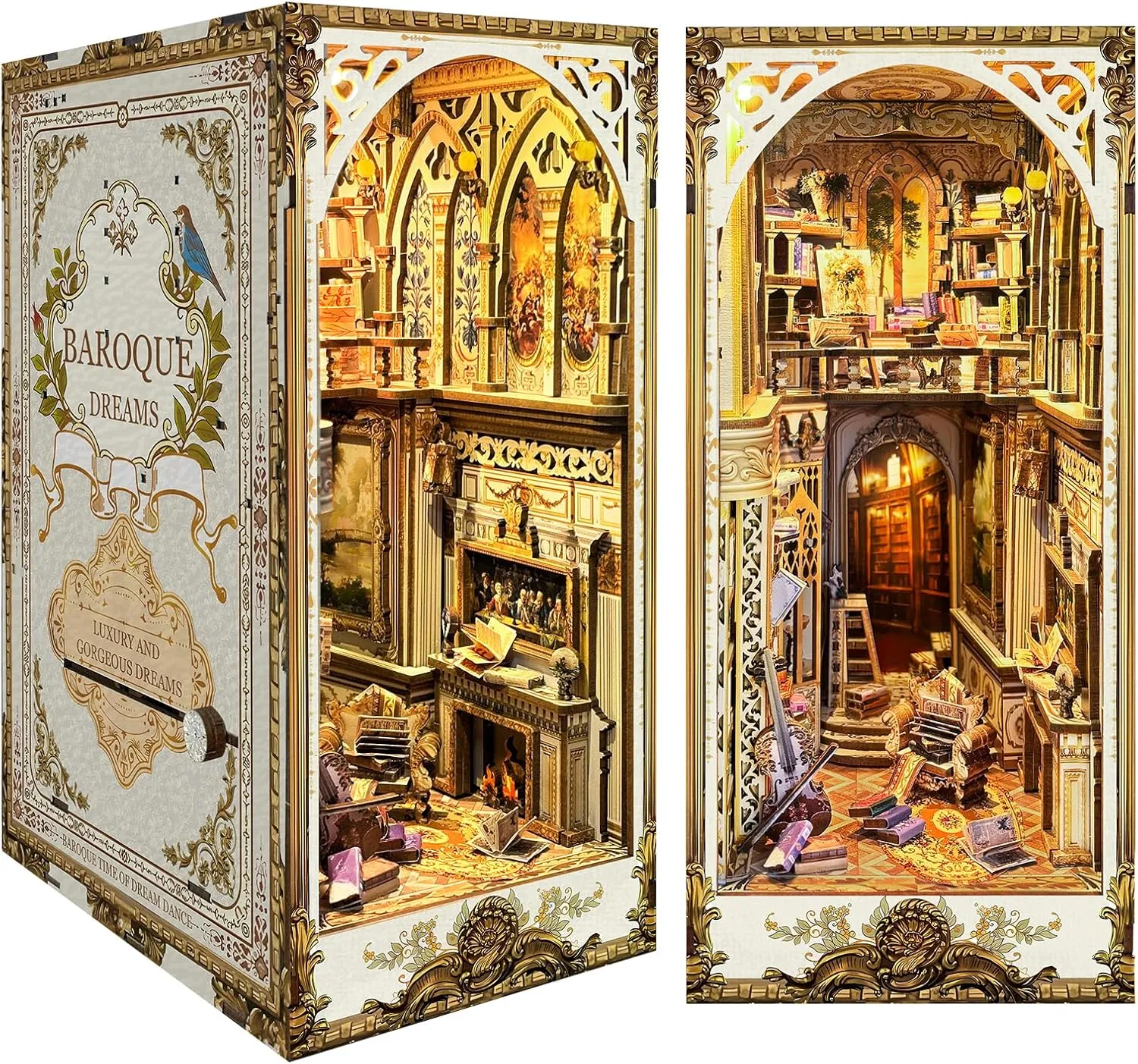 DIY Book Nook Kit - Bookend Diorama with LED - 3D Wooden Puzzle DIY Miniature House Kits - Bookshelf Insert Decor - Booknook Dollhouse Crafts Hobbies Gifts for Adults (Classical Library)