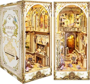DIY Book Nook Kit, DIY Miniature Dollhouse Kit for Adults and Teens, Book Nook Bookshelf Insert Decor 3D Wooden Puzzle Bookend Miniature Kit with Sensor Light Creative Craft (Victorian Library)
