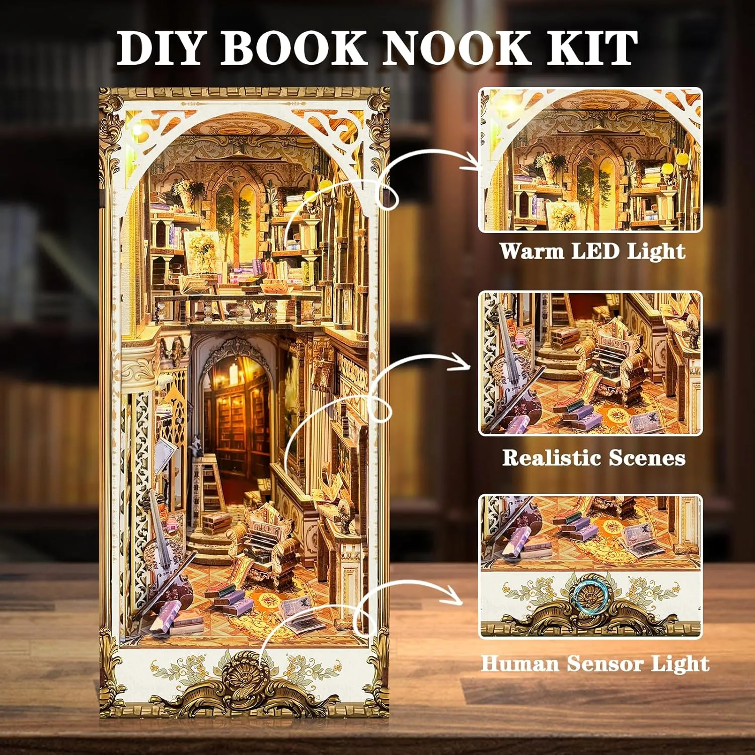 DIY Book Nook Kit, DIY Miniature Dollhouse Kit for Adults and Teens, Book Nook Bookshelf Insert Decor 3D Wooden Puzzle Bookend Miniature Kit with Sensor Light Creative Craft (Victorian Library)