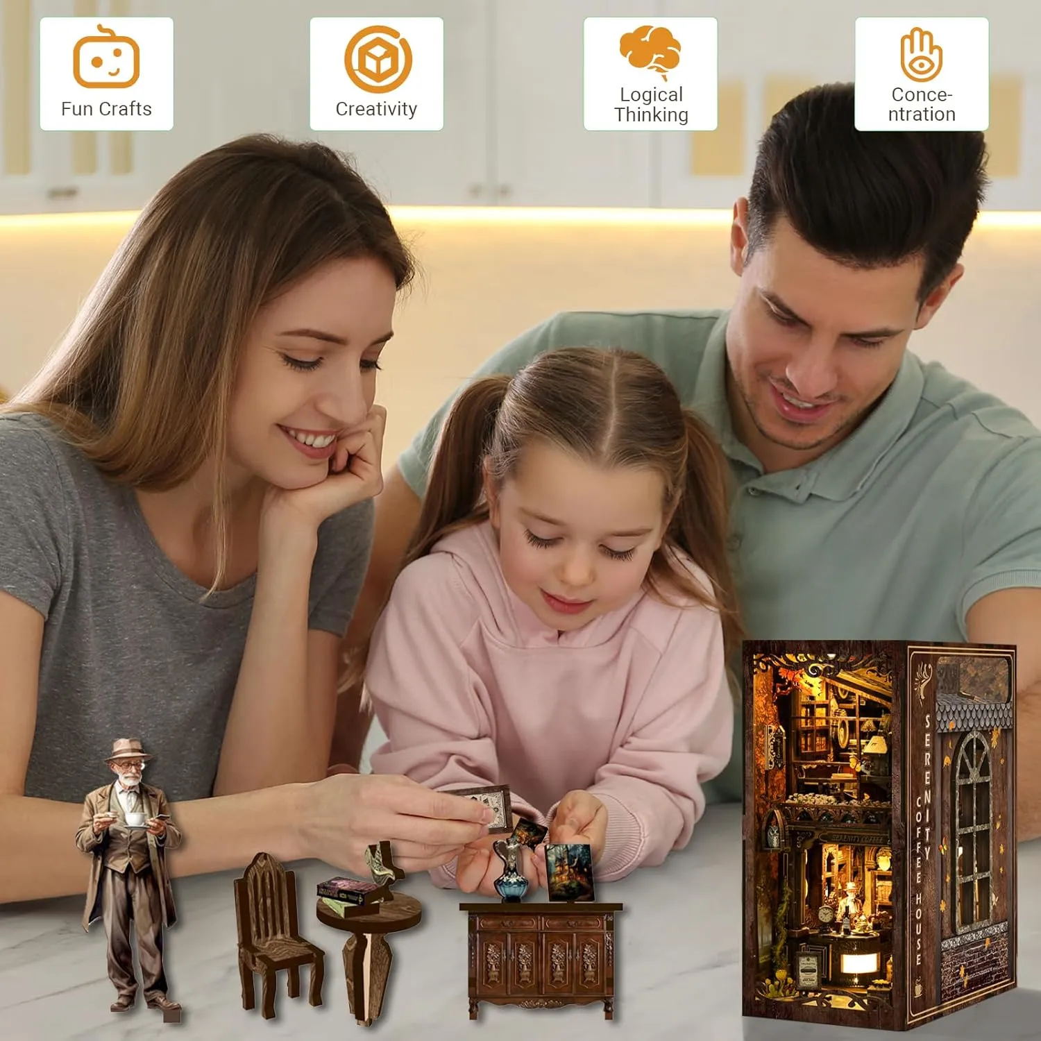 DIY Book Nook Kit for Adults and Teens, DIY Wooden Miniature Tiny House Dollhouse Kit, DIY Miniature House Kit for Bookshelf Decor, 3D Wooden Puzzle Dollhouse, Ideal Gift for Family Friends