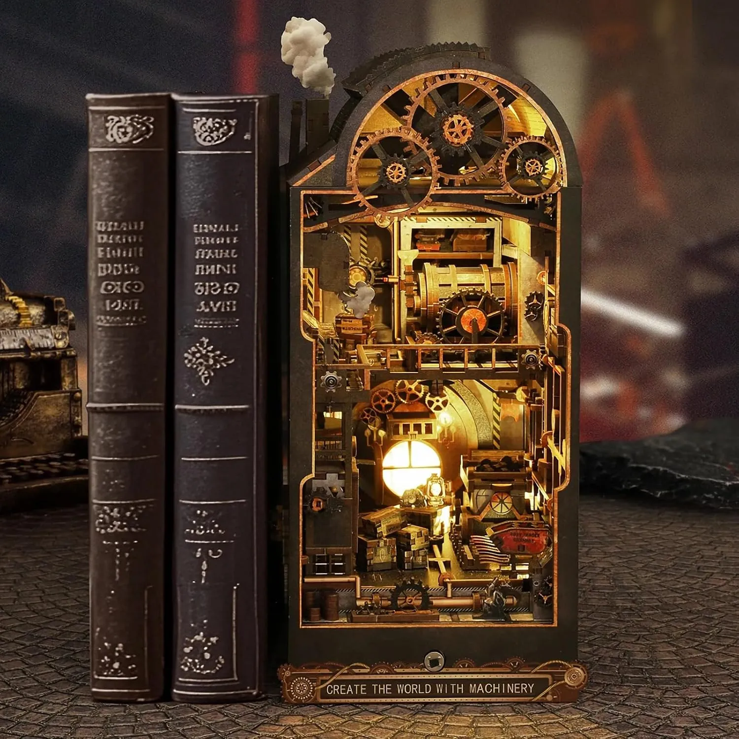 DIY Book Nook Kit, Miniature Bookshelf Decor with LED Lights, Laser-Cut Wooden Craft Set for Adults, Creative Gift for Christmas, Birthday, Mechanical World