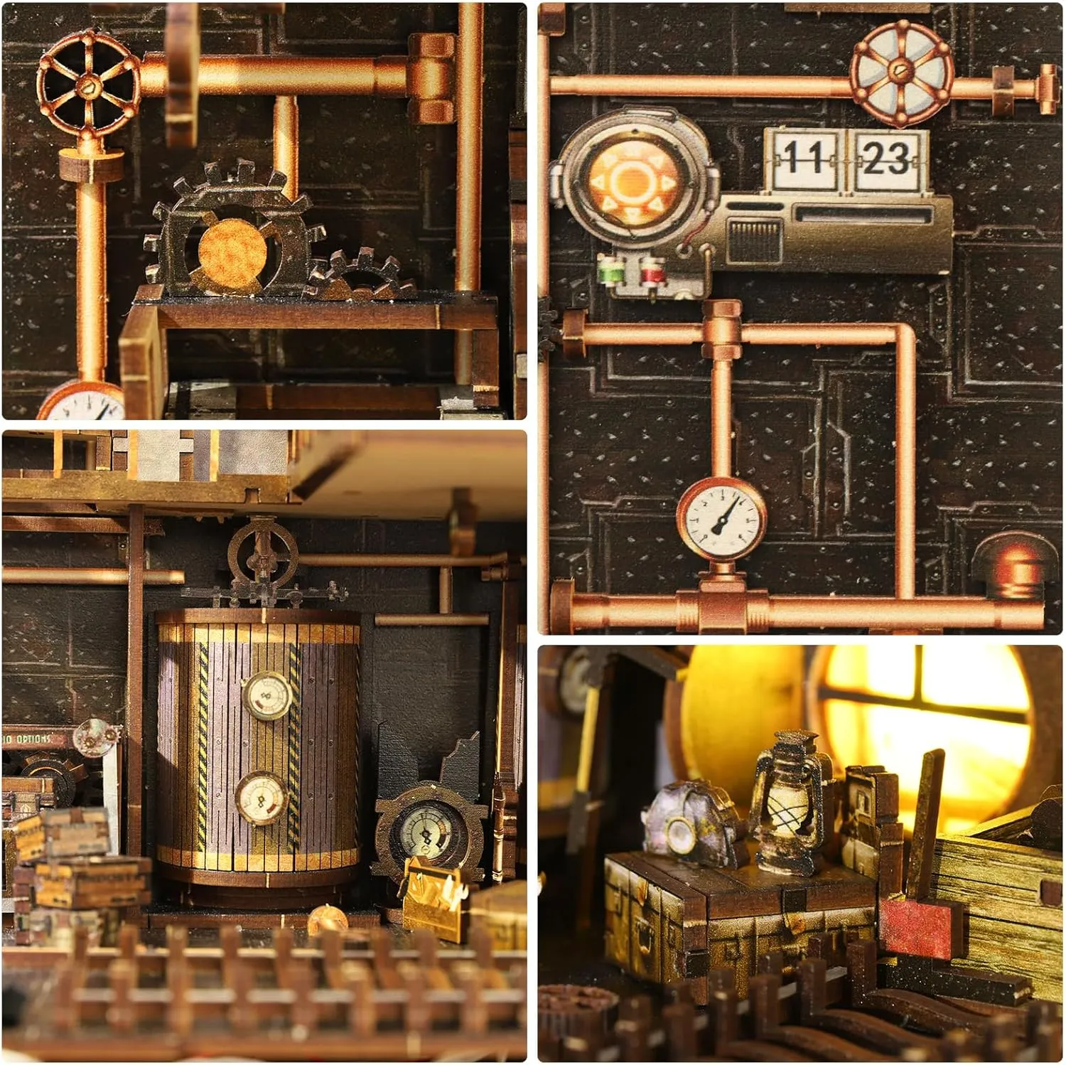 DIY Book Nook Kit, Miniature Bookshelf Decor with LED Lights, Laser-Cut Wooden Craft Set for Adults, Creative Gift for Christmas, Birthday, Mechanical World