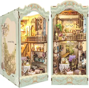 DIY Book Nook Kit, Wooden Decorative Bookend Stand Model Kits with Sensor Light for Bookshelf - Pastoral Diary BookNook Kit