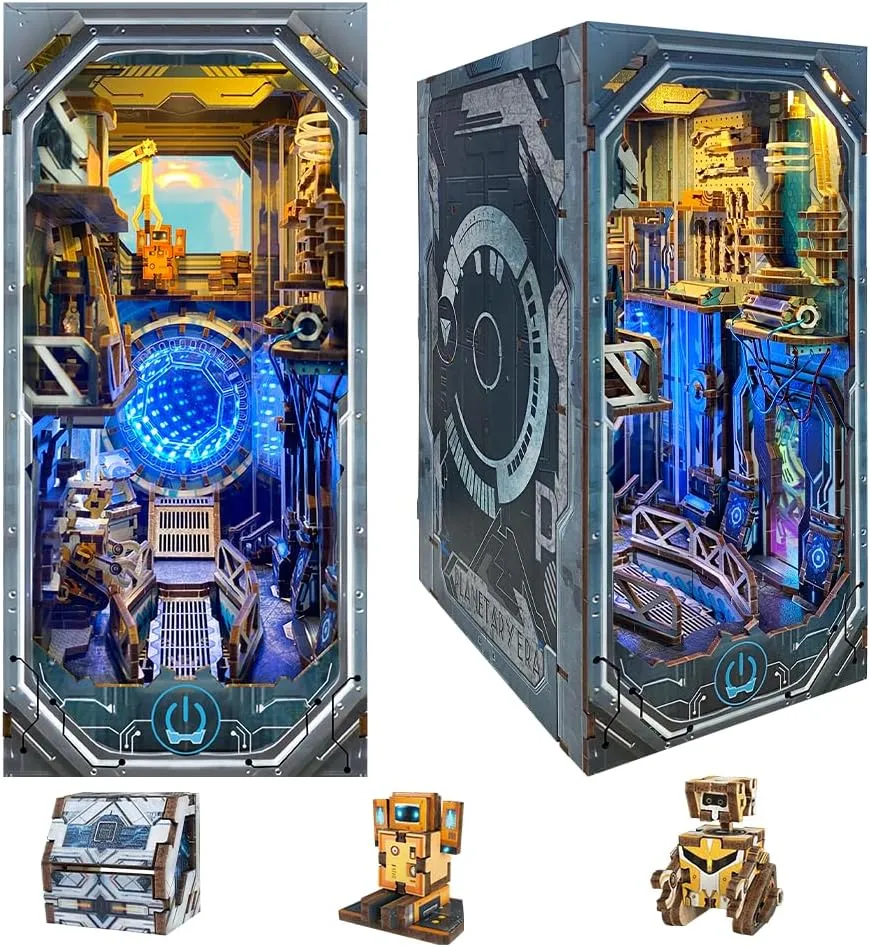 DIY Book Nook Kit,Cyberpunk DIY Dollhouse Booknook Bookshelf Insert Decor,3D Wooden Puzzles with LED,Book Nook Miniature Kit,Birthday Christmas Home Decor for Teens -Planetary Era(SQ-27)