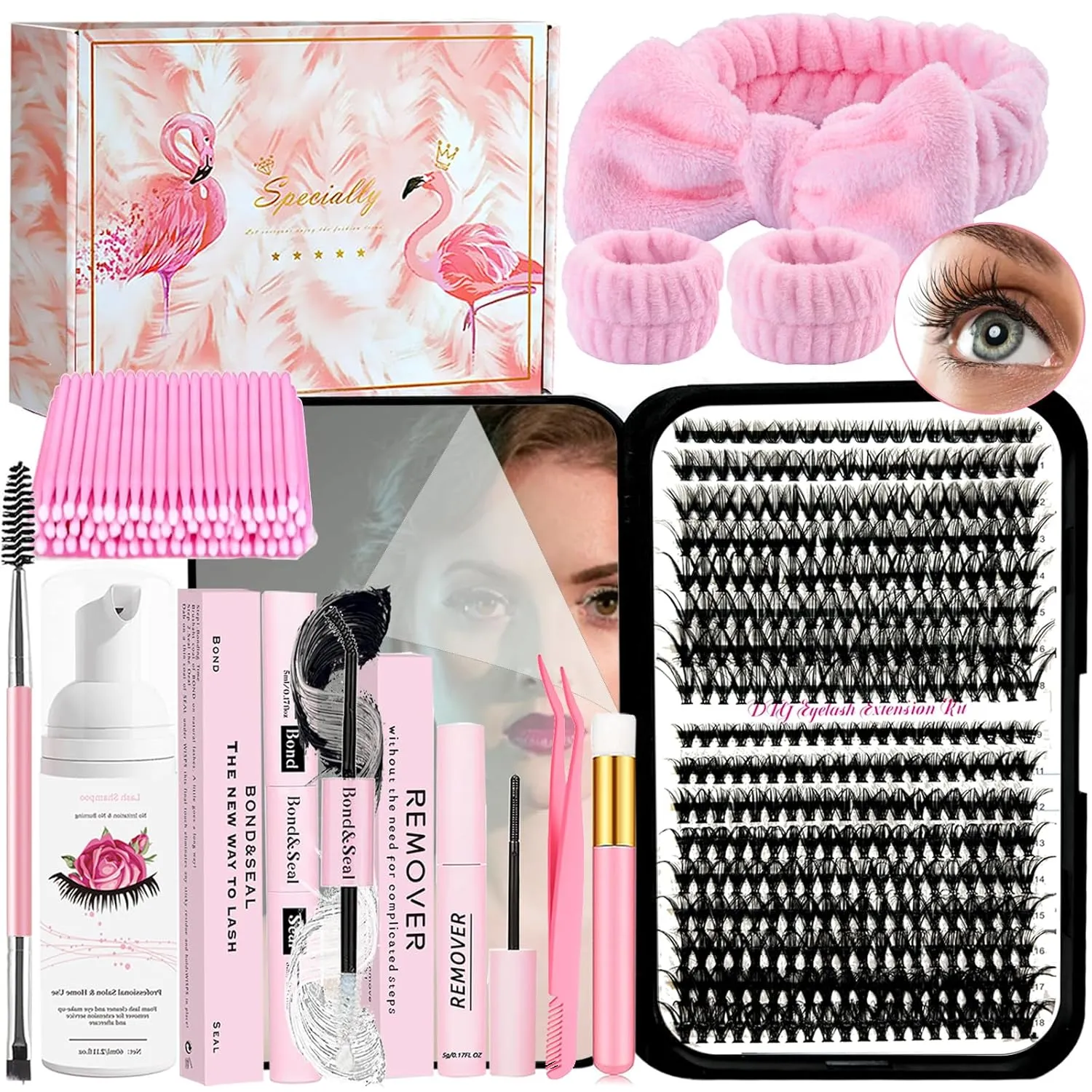 DIY Lash Extension Kit 340Pcs 9-18mm 30 40D Curl Lash with Lash Bond and Seal,Quick Glue Remover Lash Shampoo Cleansing Brush Headband Wristband Tweezers Eyelash Brush Mini Applicator