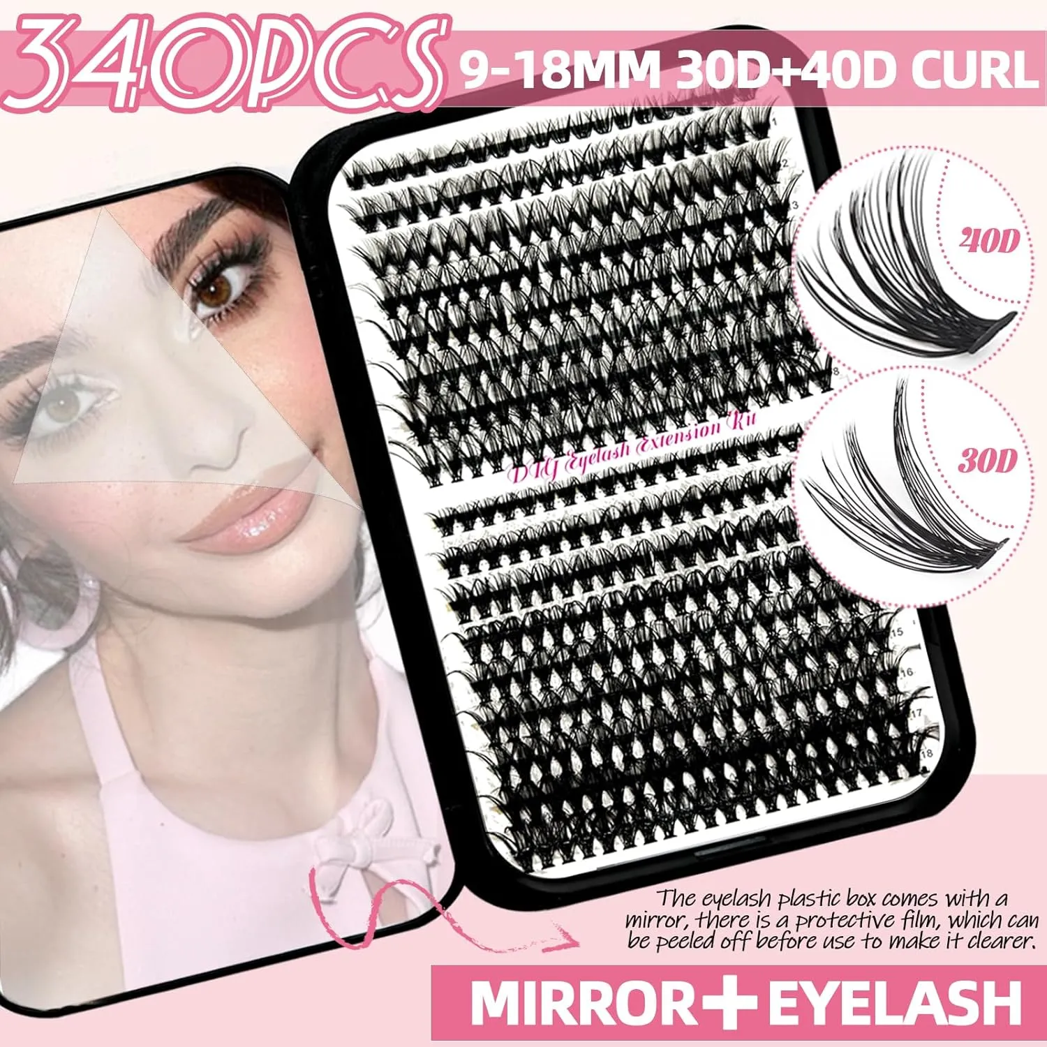 DIY Lash Extension Kit 340Pcs 9-18mm 30 40D Curl Lash with Lash Bond and Seal,Quick Glue Remover Lash Shampoo Cleansing Brush Headband Wristband Tweezers Eyelash Brush Mini Applicator