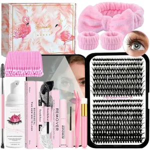 DIY Lash Extension Kit 340Pcs 9-18mm 30 40D Curl Lash with Lash Bond and Seal,Quick Glue Remover Lash Shampoo Cleansing Brush Headband Wristband Tweezers Eyelash Brush Mini Applicator