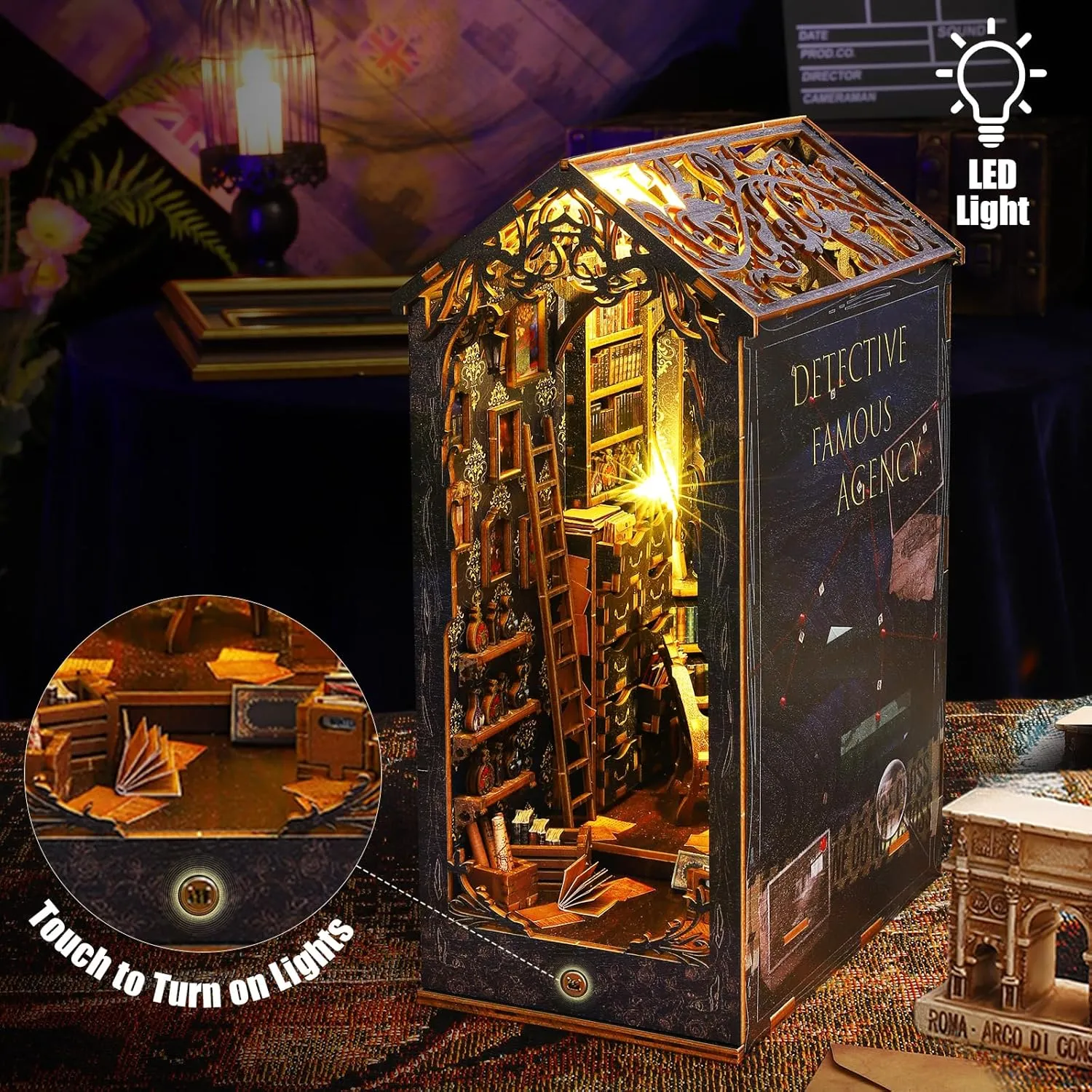 DIY Miniature Book Nook Kit Booknook - 3D Model Wooden Dollhouse Puzzle Toy with LED Light for Adults Teen, Creativity Puzzle Bookend Bookshelf Decor Boy Girls Gifts - Detective Agency