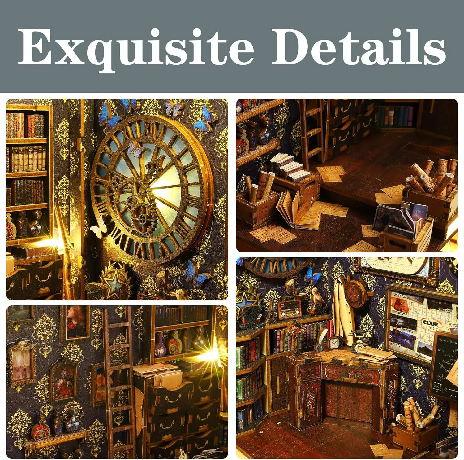 DIY Miniature Book Nook Kit Booknook - 3D Model Wooden Dollhouse Puzzle Toy with LED Light for Adults Teen, Creativity Puzzle Bookend Bookshelf Decor Boy Girls Gifts - Detective Agency