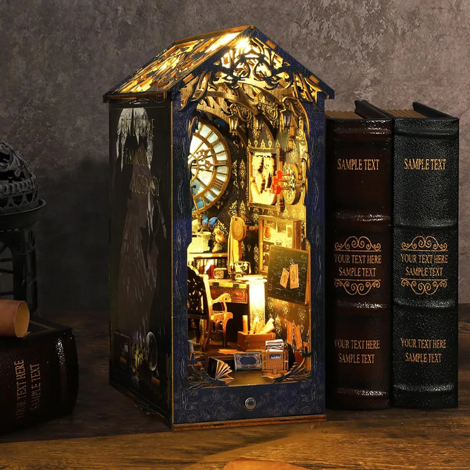 DIY Miniature Book Nook Kit Booknook - 3D Model Wooden Dollhouse Puzzle Toy with LED Light for Adults Teen, Creativity Puzzle Bookend Bookshelf Decor Boy Girls Gifts - Detective Agency