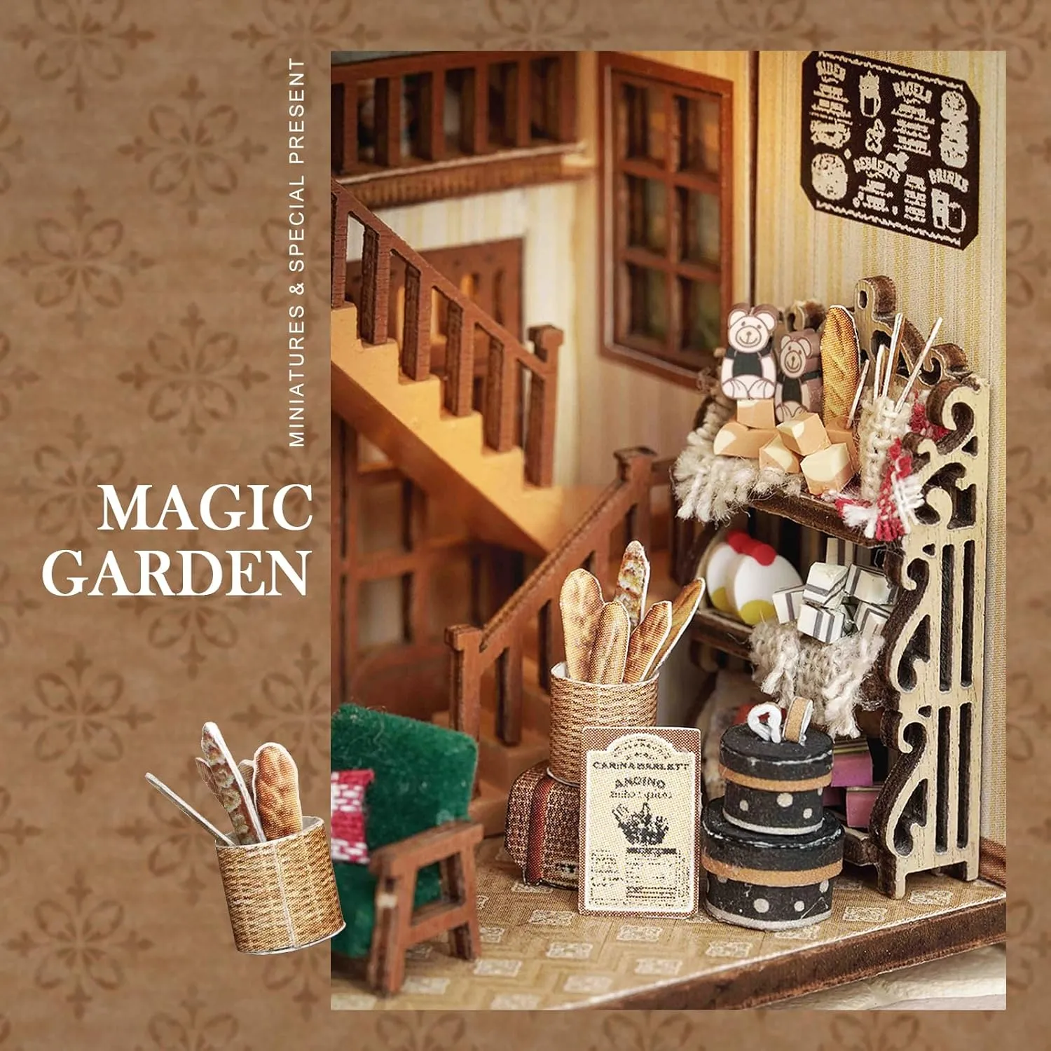 DIY Miniature Dollhouse Kit, Wooden Tiny Doll House Kit with Furniture, Creative Handmade Woodcrafts Toy for Adults, Ideal for Birthday, Christmas, Souvenir Gift, Coffee and Bakery