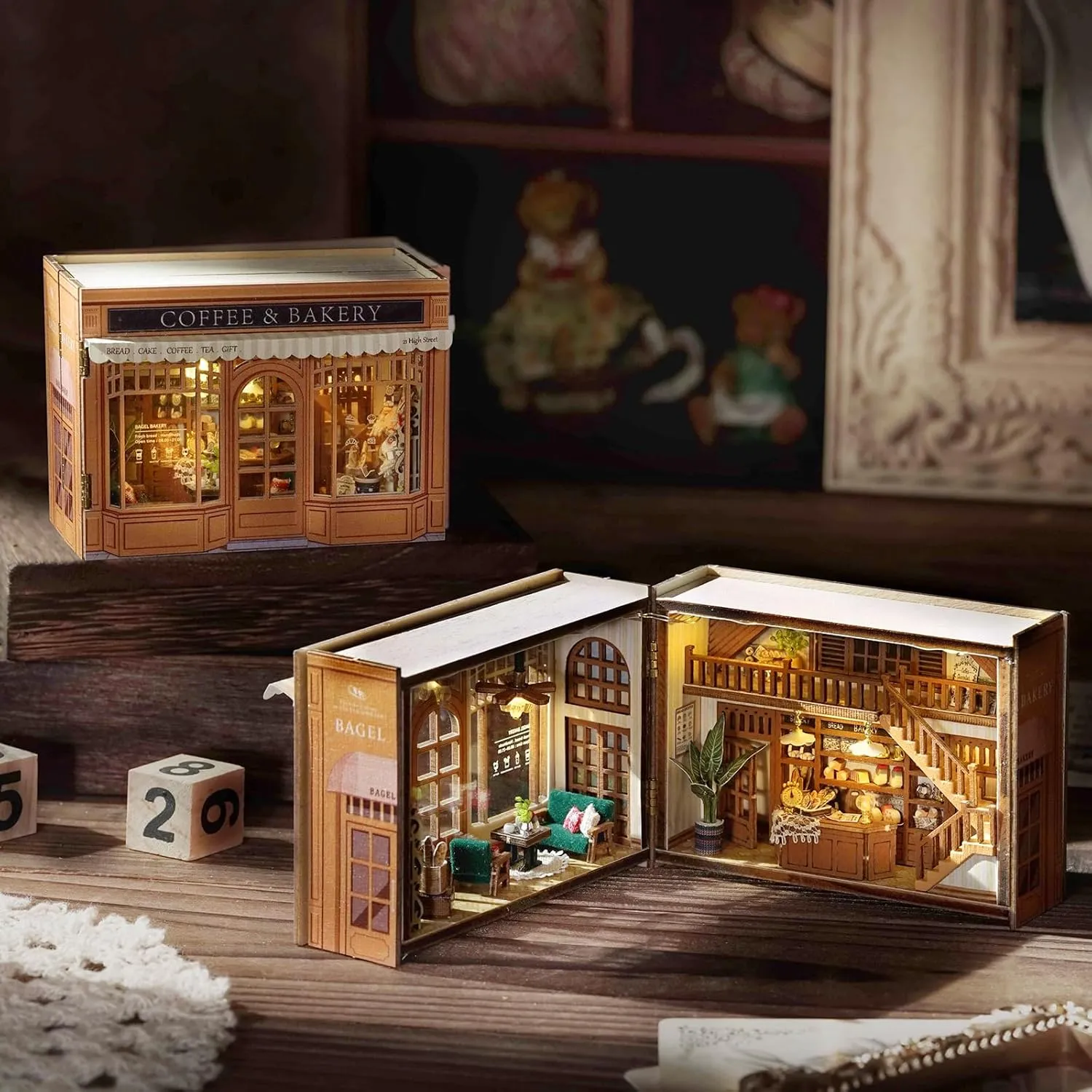 DIY Miniature Dollhouse Kit, Wooden Tiny Doll House Kit with Furniture, Creative Handmade Woodcrafts Toy for Adults, Ideal for Birthday, Christmas, Souvenir Gift, Coffee and Bakery