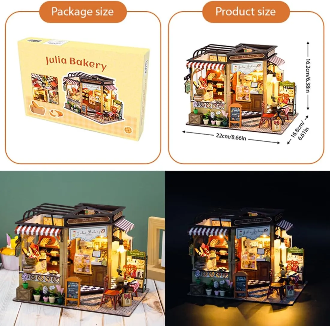 DIY Miniature House Kit, Wooden Garden Mini House with Furniture & LED Light, Creative Dollhouse Kit, Model Building Kit for Adults, Kids (Bakery)