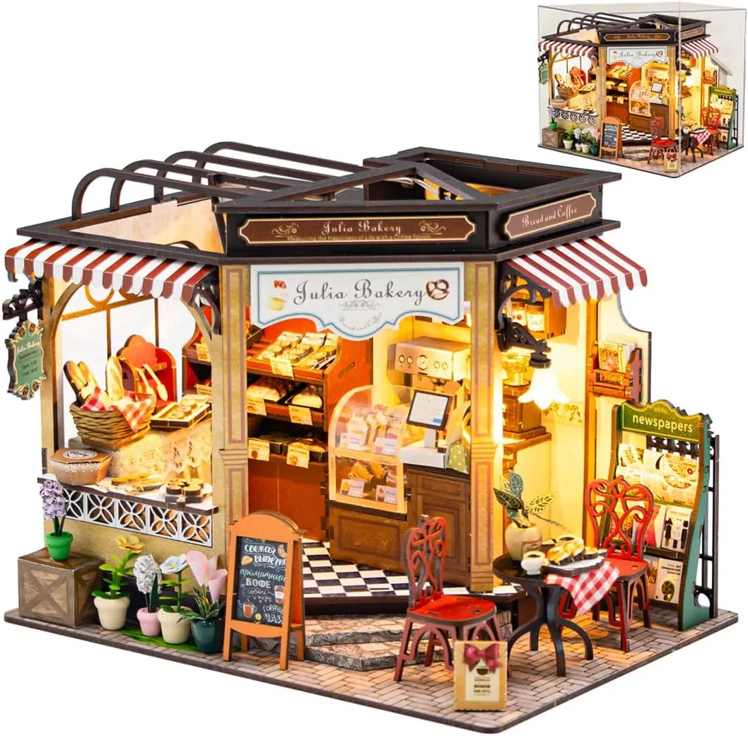 DIY Miniature House Kit, Wooden Garden Mini House with Furniture & LED Light, Creative Dollhouse Kit, Model Building Kit for Adults, Kids (Bakery)