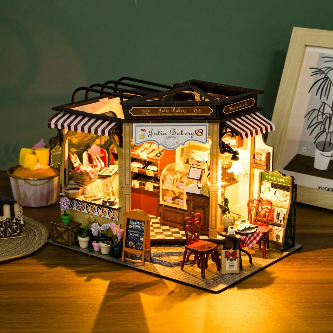 DIY Miniature House Kit, Wooden Garden Mini House with Furniture & LED Light, Creative Dollhouse Kit, Model Building Kit for Adults, Kids (Bakery)