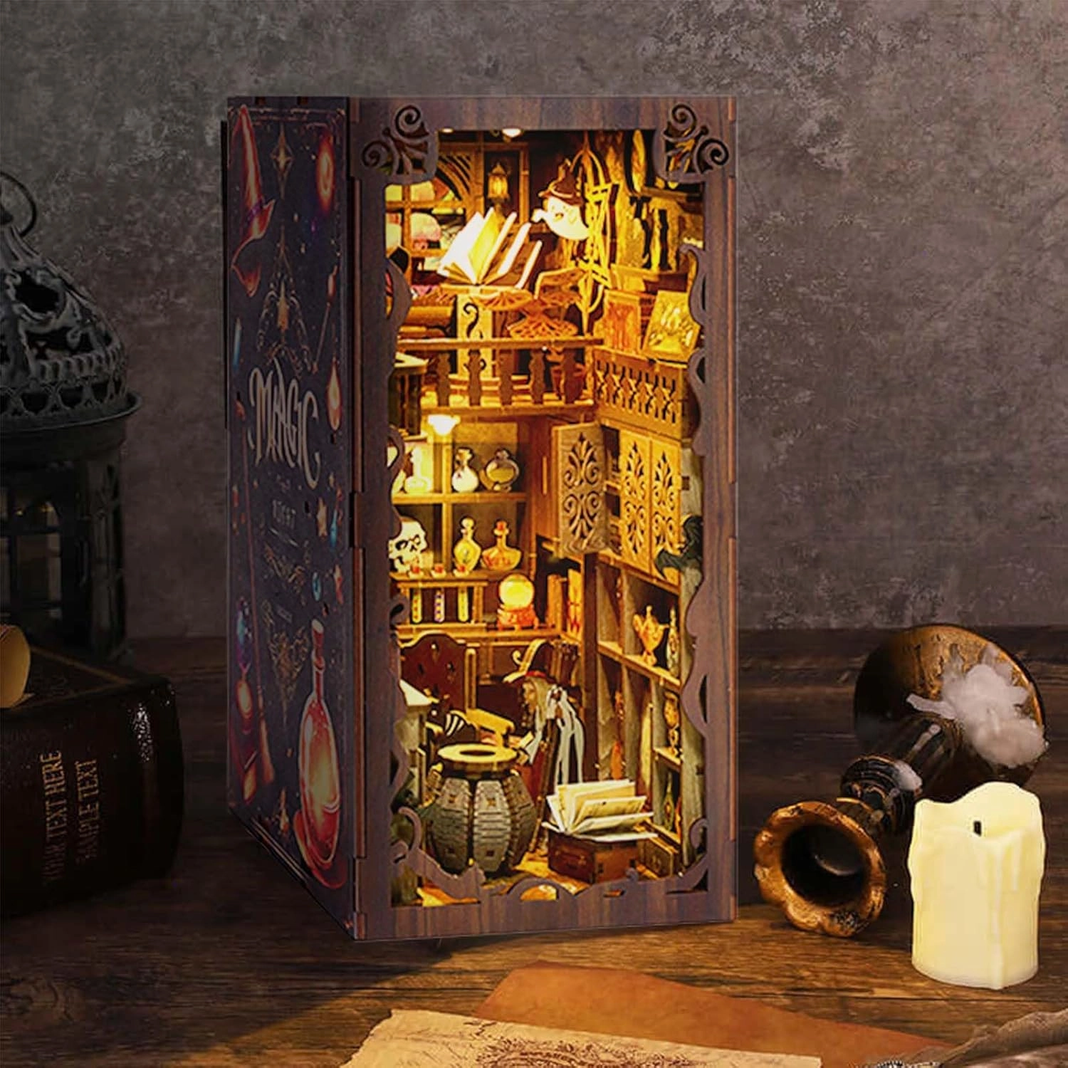 DIY Book Nook Kit, 3D DIY Miniature Dollhouse Kit, Wooden Booknook Bookshelf Insert Decor, Wood Dollhouse Bookend Model, Gift for Kids Teens Adults, Magic Night