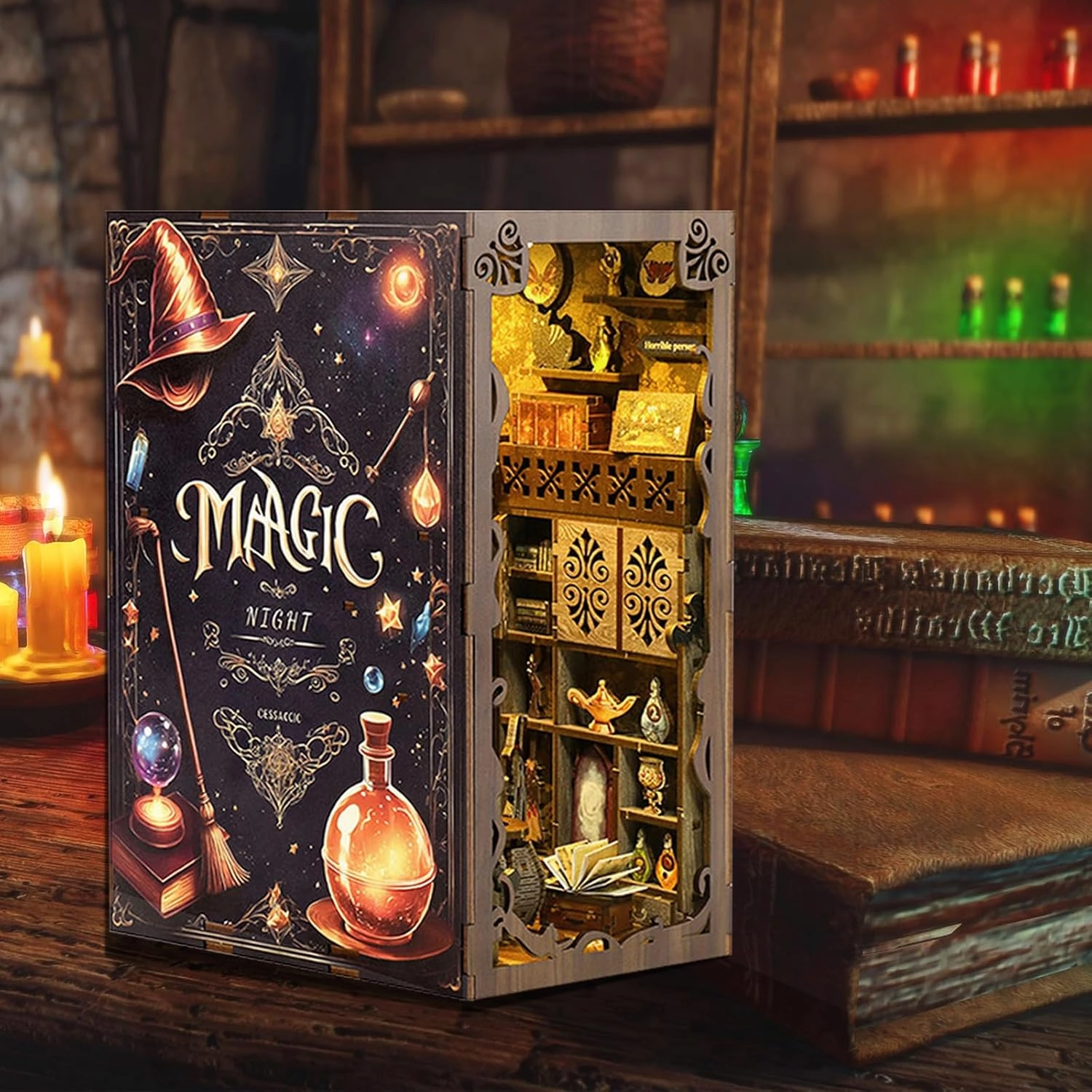 DIY Book Nook Kit, 3D DIY Miniature Dollhouse Kit, Wooden Booknook Bookshelf Insert Decor, Wood Dollhouse Bookend Model, Gift for Kids Teens Adults, Magic Night