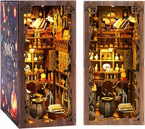 DIY Book Nook Kit, 3D DIY Miniature Dollhouse Kit, Wooden Booknook Bookshelf Insert Decor, Wood Dollhouse Bookend Model, Gift for Kids Teens Adults, Magic Night