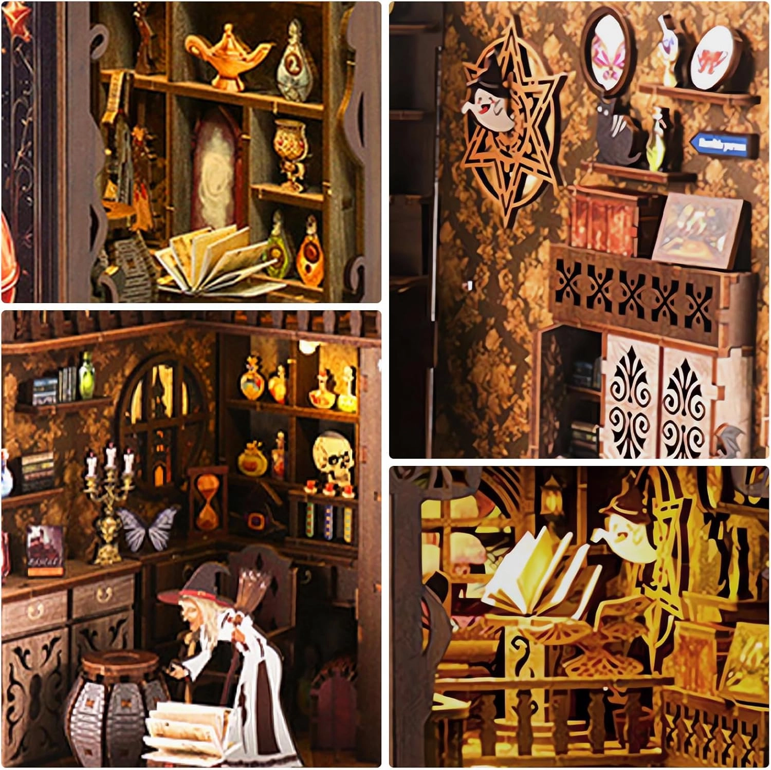DIY Book Nook Kit, 3D DIY Miniature Dollhouse Kit, Wooden Booknook Bookshelf Insert Decor, Wood Dollhouse Bookend Model, Gift for Kids Teens Adults, Magic Night