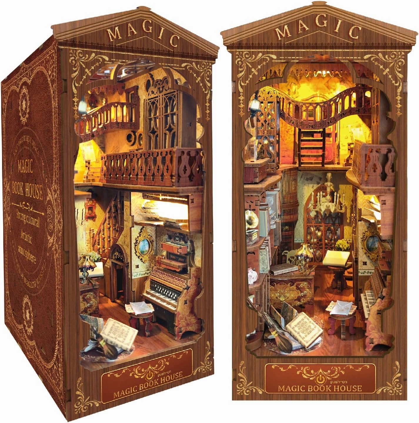 DIY Book Nook Kit 3D Puzzle Wooden Bookends Dollhouse Decorative Bookend Toy for Teenagers Stand Kit Model Kits for Adults to Build 3D Creativity Kit with LED Light
