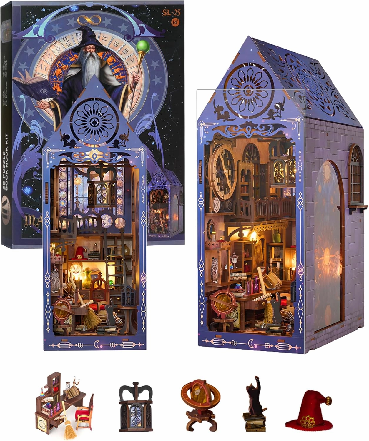 DIY Book Nook Kit - 3D Wooden Puzzle Booknook for Adults, Miniature House Dollhouse Kit for Bookend Bookshelf Insert Decor, Magic Book Model Build Gift for Teen Girls Boys Women Men