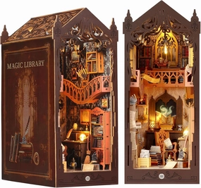 DIY Book Nook Kit - Bookend Diorama with LED- 3D Wooden Puzzle DIY Miniature House Kits - Bookshelf Insert Decor - Booknook Dollhouse Crafts Hobbies Gifts for Adults (Magic Library)