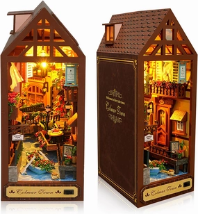 DIY Book Nook Kit, DIY Dollhouse Booknook,Booknook Shelf Insert Decor Alley, 3D Dollhouse Wooden Puzzle Bookends, Book Nook Miniature Kits with LED Light for Adults, (Town)
