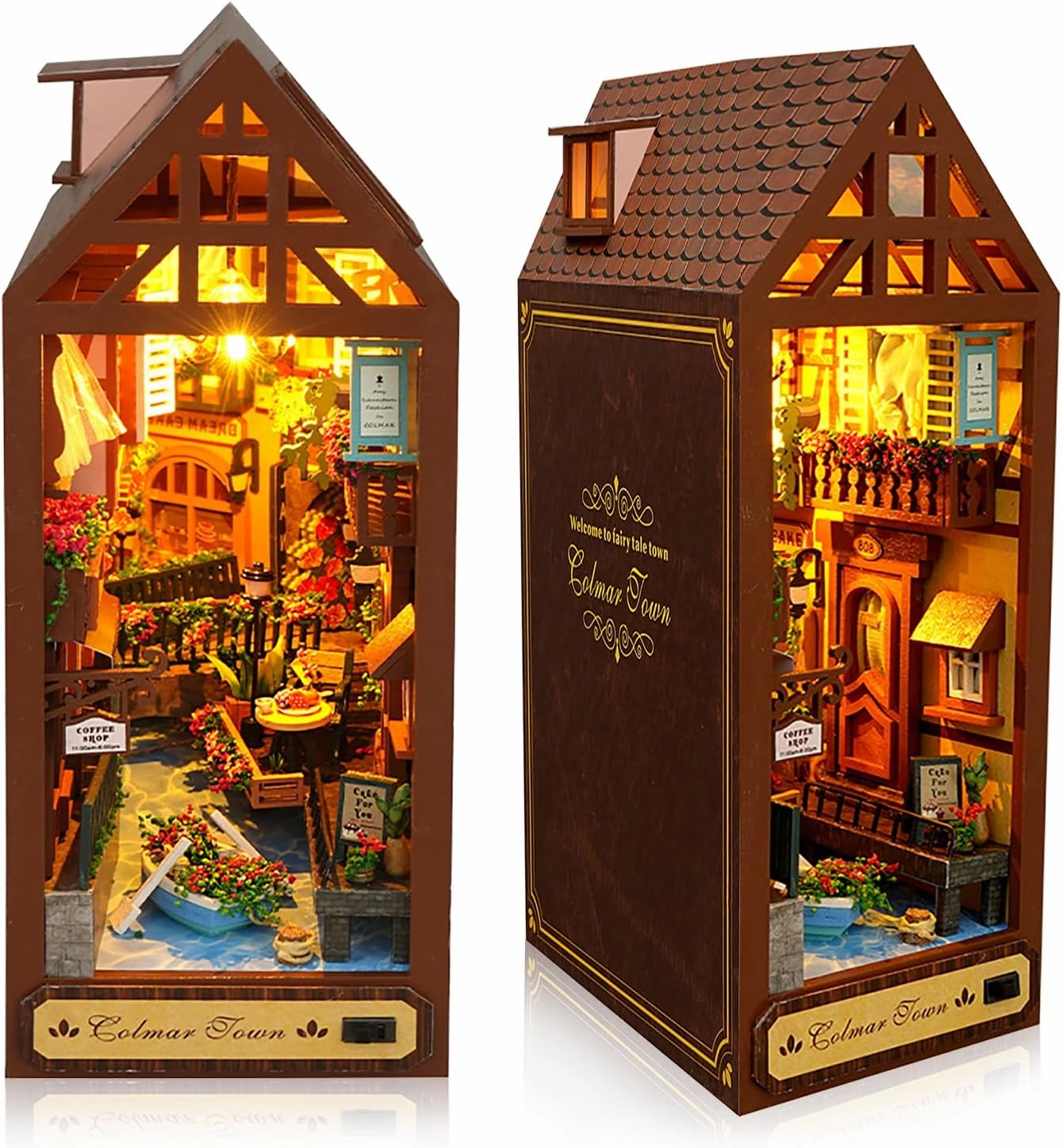 DIY Book Nook Kit, DIY Dollhouse Booknook,Booknook Shelf Insert Decor Alley, 3D Dollhouse Wooden Puzzle Bookends, Book Nook Miniature Kits with LED Light for Adults, (Town)