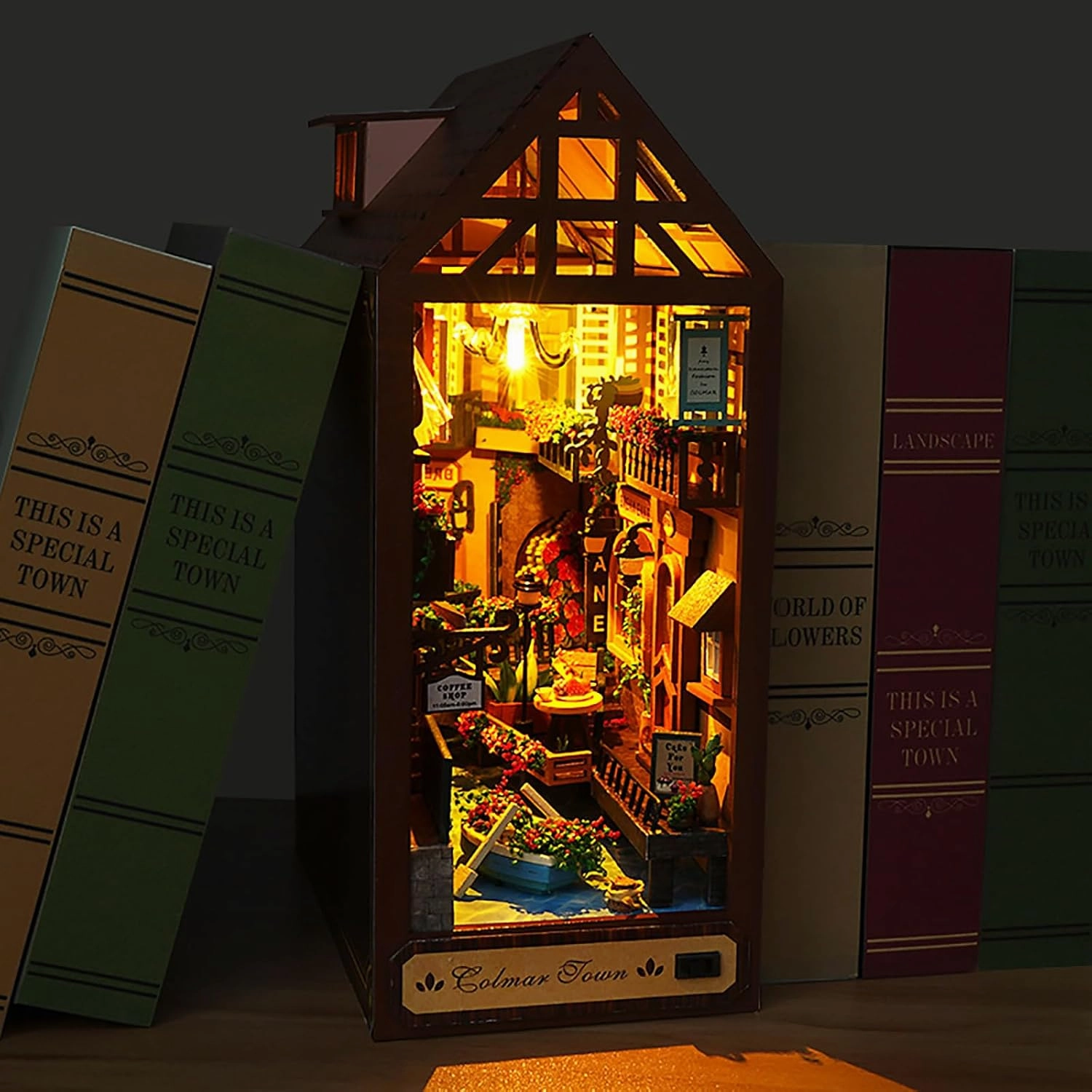 DIY Book Nook Kit, DIY Dollhouse Booknook,Booknook Shelf Insert Decor Alley, 3D Dollhouse Wooden Puzzle Bookends, Book Nook Miniature Kits with LED Light for Adults, (Town)