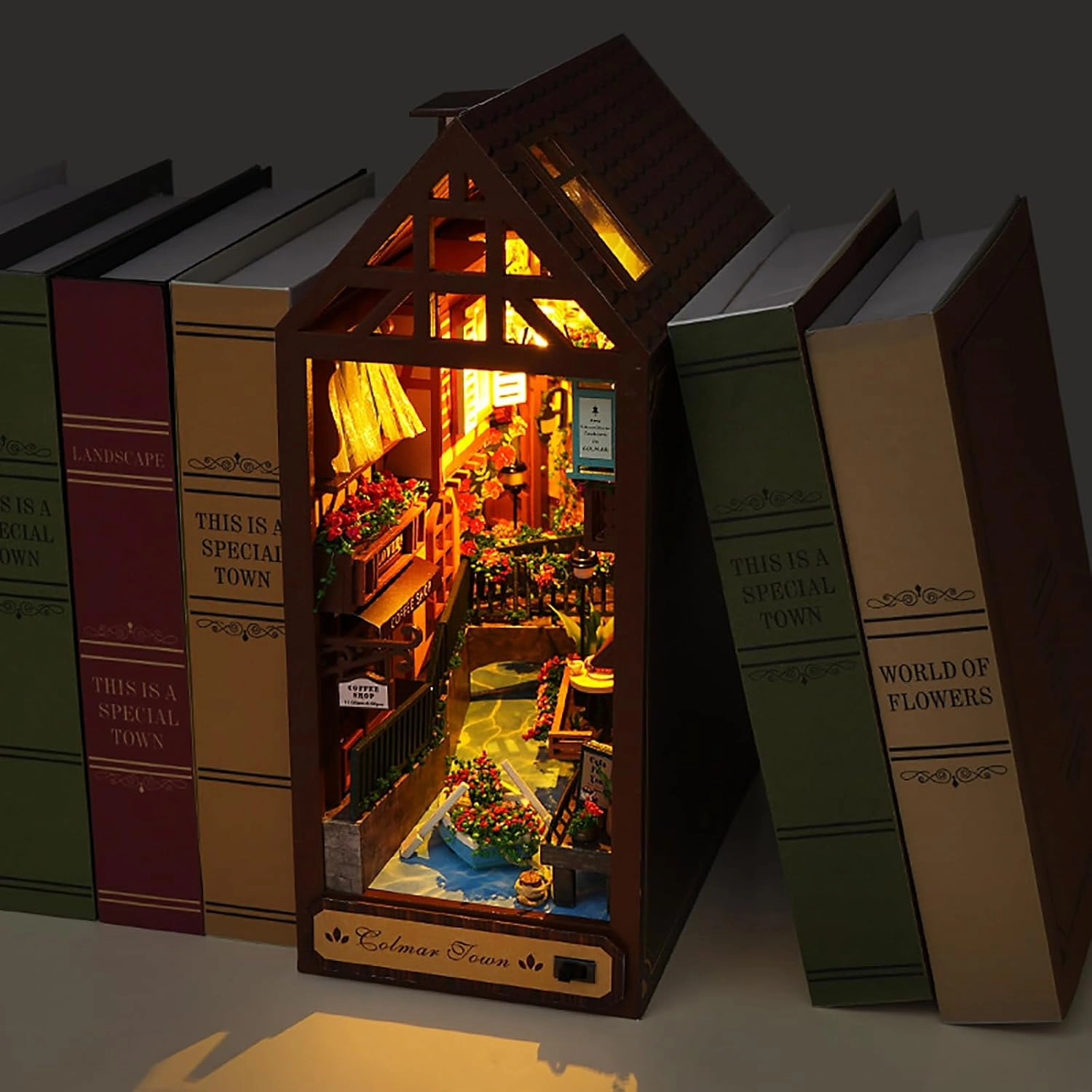 DIY Book Nook Kit, DIY Dollhouse Booknook,Booknook Shelf Insert Decor Alley, 3D Dollhouse Wooden Puzzle Bookends, Book Nook Miniature Kits with LED Light for Adults, (Town)