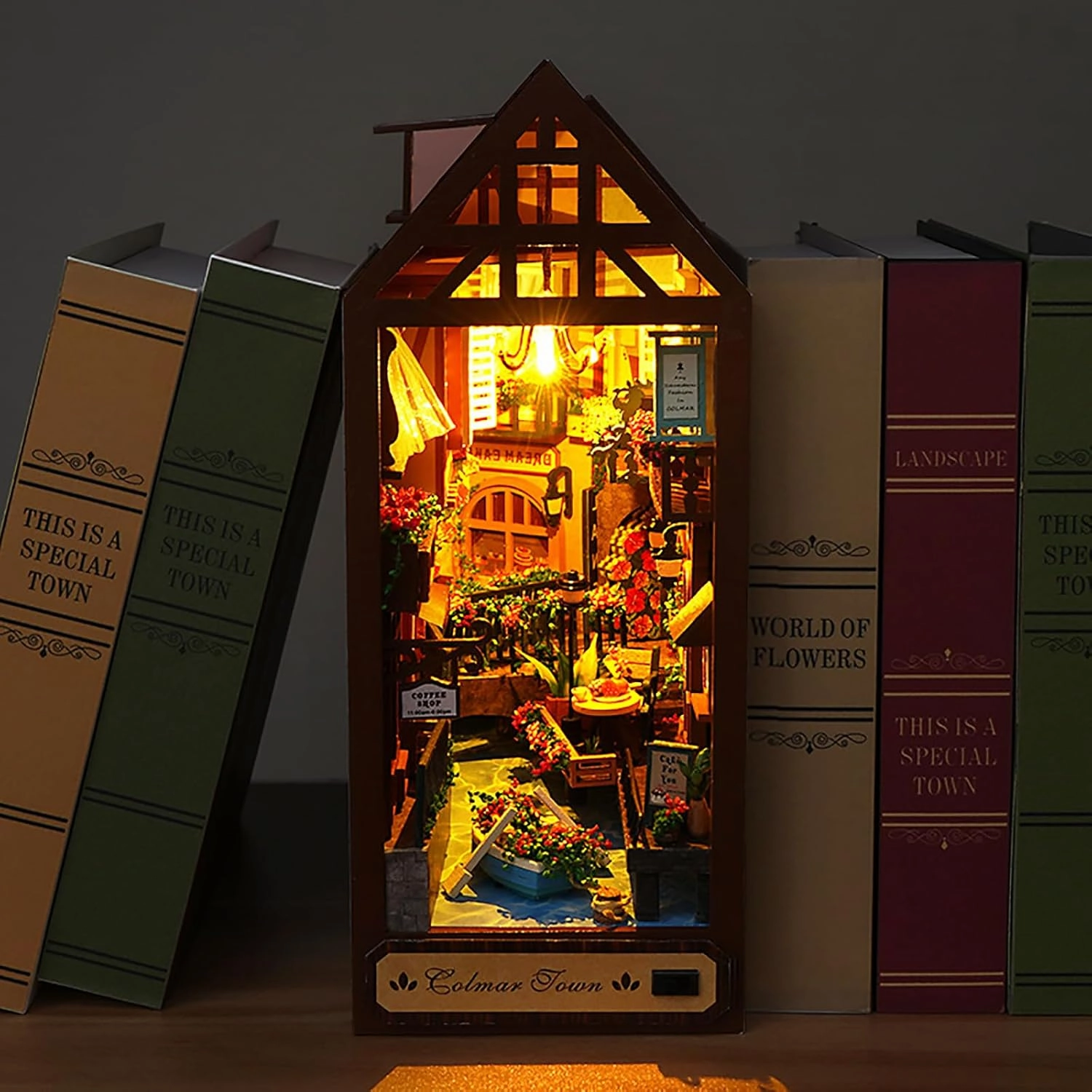 DIY Book Nook Kit, DIY Dollhouse Booknook,Booknook Shelf Insert Decor Alley, 3D Dollhouse Wooden Puzzle Bookends, Book Nook Miniature Kits with LED Light for Adults, (Town)