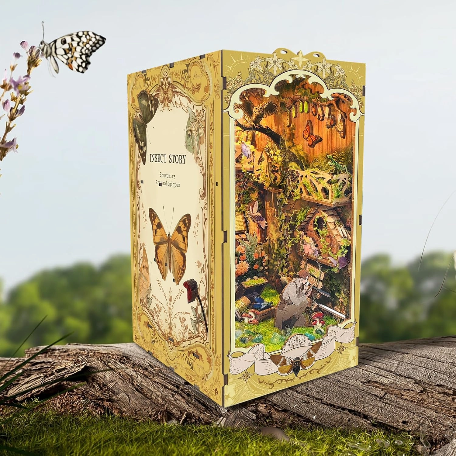 DIY Book Nook Kit,DIY Dollhouse Booknook Bookshelf Insert Decor,3D Wooden Puzzles with LED Dust Cover,Book Nook Miniature Kit,Birthday Halloween Home Decor for Teens Adult-Insects Story