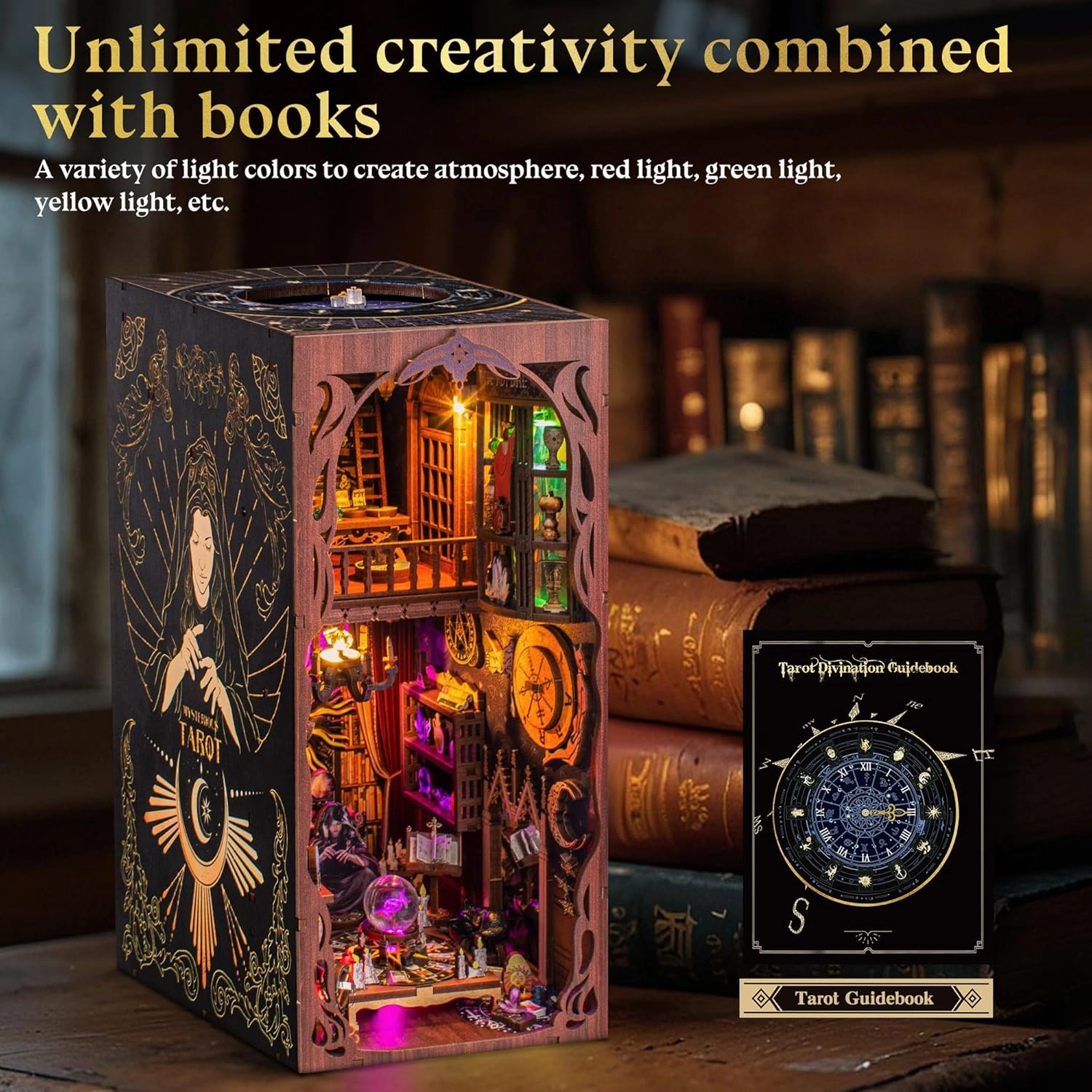 DIY Book Nook Kit for Adults, 3D Wooden Puzzles Bookshelf Insert Decor with LED Light, Miniature House Dollhouse Kit Birthday Christmas for Adult and Teens to Build-Creativity Gift