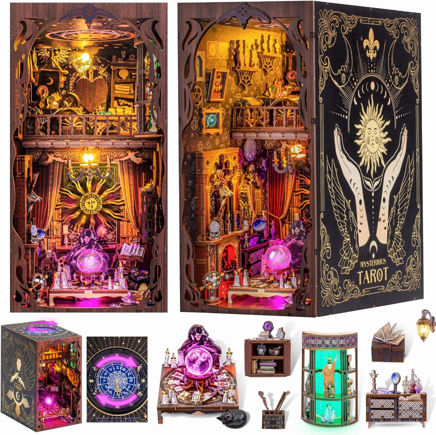 DIY Book Nook Kit for Adults, 3D Wooden Puzzles Bookshelf Insert Decor with LED Light, Miniature House Dollhouse Kit Birthday Christmas for Adult and Teens to Build-Creativity Gift