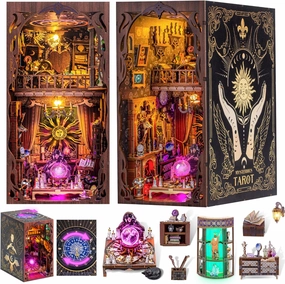 DIY Book Nook Kit for Adults, 3D Wooden Puzzles Bookshelf Insert Decor with LED Light, Miniature House Dollhouse Kit Birthday Christmas for Adult and Teens to Build-Creativity Gift