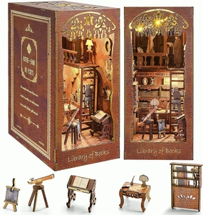 DIY Book Nook Kit with LED Light - 3D Wooden Puzzle Miniature House Dollhouse Kit for Bookshelf Insert Decoration, Perfect Bookend BookNook Kits for Adults and Teens, Halloween Decor, Xmas Present