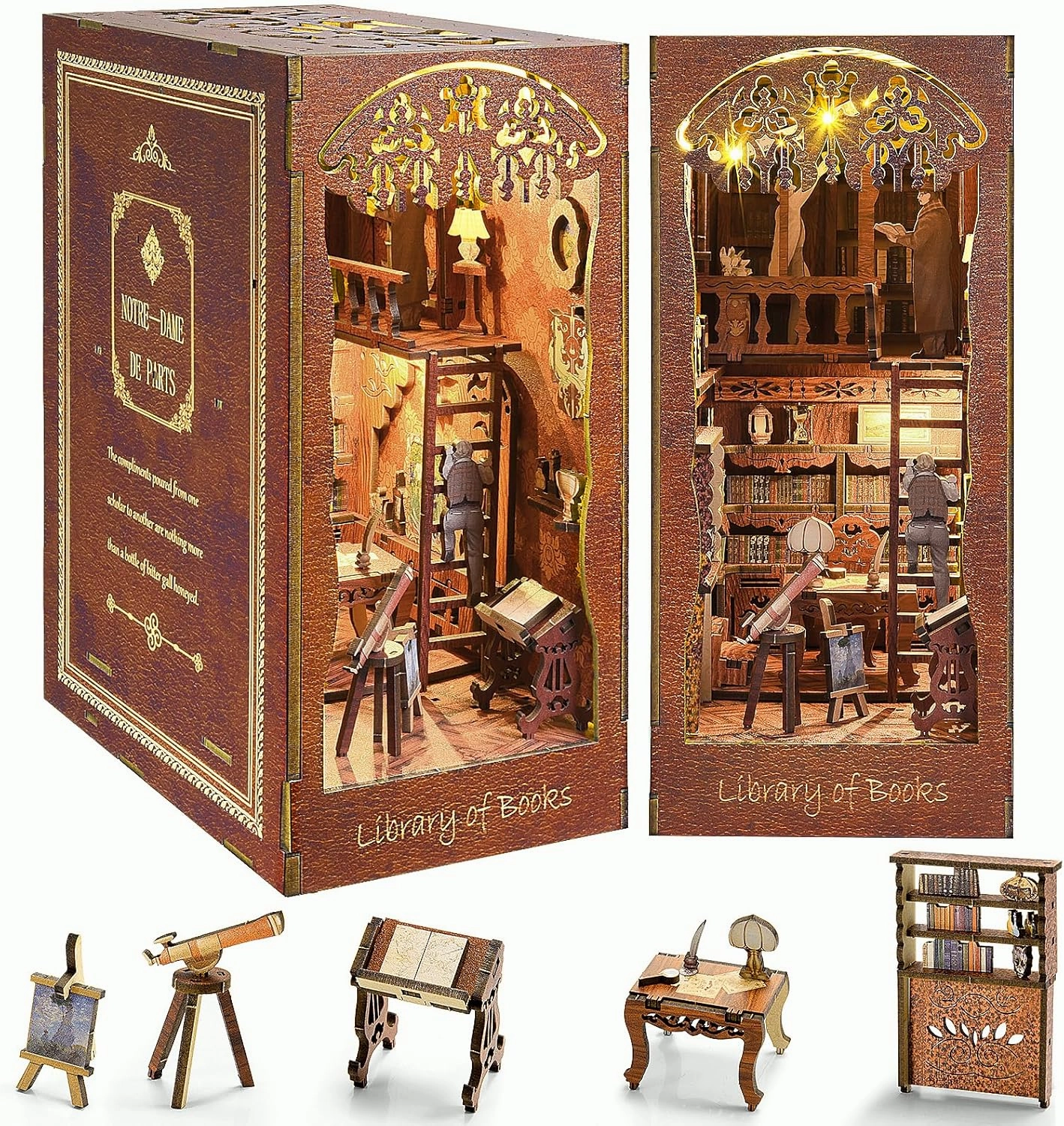 DIY Book Nook Kit with LED Light - 3D Wooden Puzzle Miniature House Dollhouse Kit for Bookshelf Insert Decoration, Perfect Bookend BookNook Kits for Adults and Teens, Halloween Decor, Xmas Present