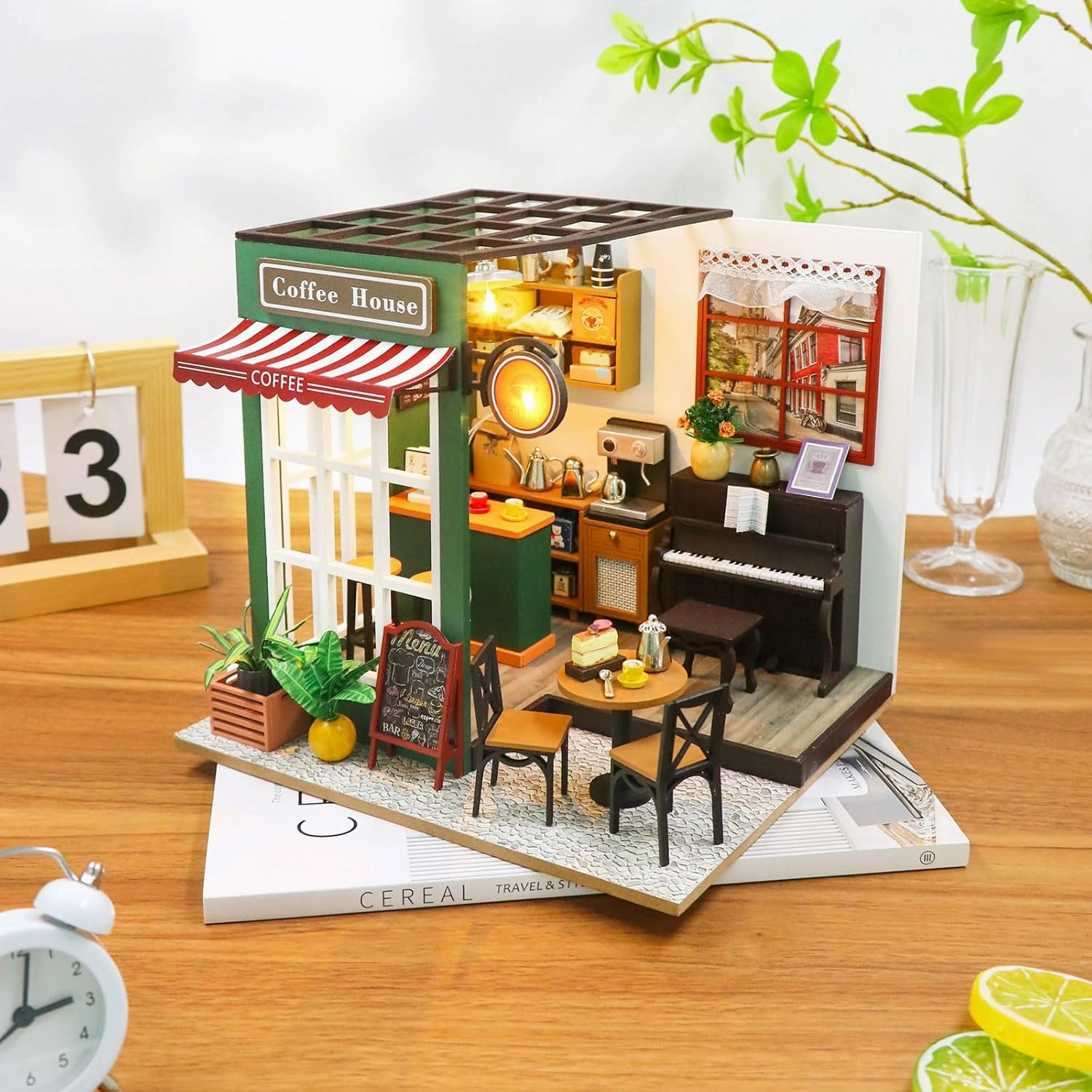 DIY Miniature House Kit,Tiny House Coffee Shop with Furniture & LED,DIY Dollhouse Miniature Kit for Adults Teen,Mini House Building kit,3D Wooden Craft Mini Model Kit,Birthday Gifts Home Decor
