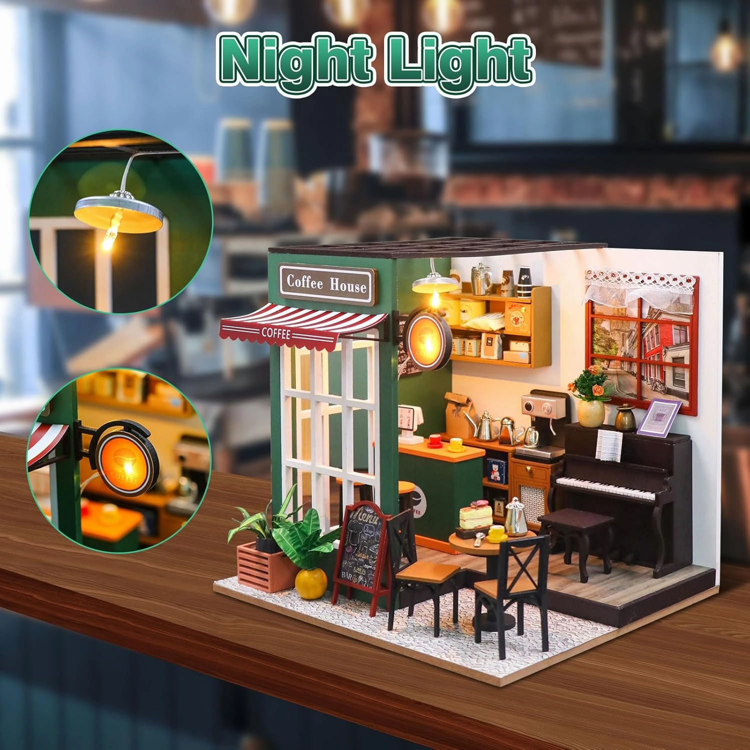 DIY Miniature House Kit,Tiny House Coffee Shop with Furniture & LED,DIY Dollhouse Miniature Kit for Adults Teen,Mini House Building kit,3D Wooden Craft Mini Model Kit,Birthday Gifts Home Decor