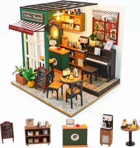 DIY Miniature House Kit,Tiny House Coffee Shop with Furniture & LED,DIY Dollhouse Miniature Kit for Adults Teen,Mini House Building kit,3D Wooden Craft Mini Model Kit,Birthday Gifts Home Decor